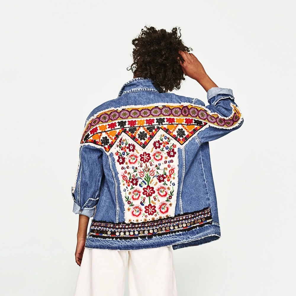 Trafaluc Zara Embroidered Beaded Floral Denim Jacket